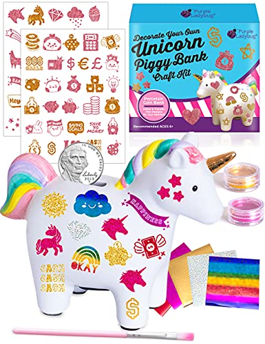 Purple Ladybug Kit de Hucha Infantil Unicornio para Niñas - Decora Huchas Originales con Adhesivos y Purpurina - Re-galos Originales de Unicornios para Niñas – Juegos de Manualidades y Creatividad