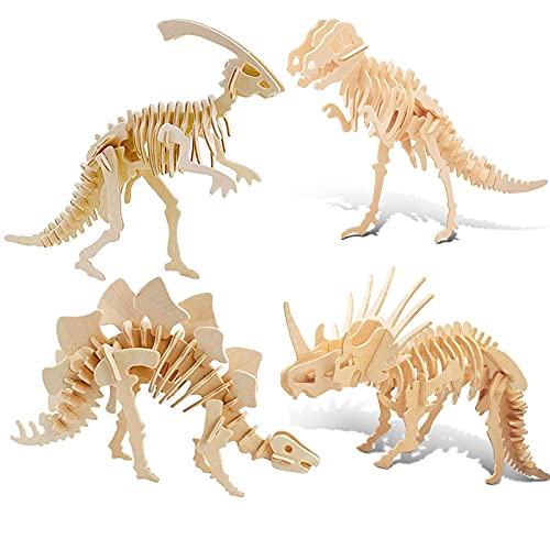 Puzzle 3D, puzle de madera en 3D, puzle para adultos, modelo de dinosaurio 3D, rompecabezas en 3D, rompecabezas para niños y adultos (4 unidades)