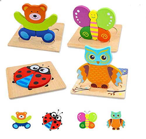 Puzzle de Madera, Juguetes Montessoris, Puzzle Bebé, Rompecabezas de Madera Bebe, Juego Educativo Bebé para Niños 2 3 Años Aprendizaje Temprano Regalo Navidad Cumpleaños Fiesta(4 Pcs)