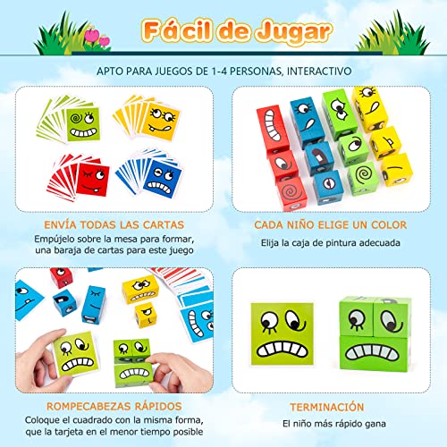 Puzzle de Madera, Splaks Montessori Juguete de Rompecabezas de Expresión para Niños Mayores de 3 Años, Juego de Cubo de Cambio de Cara, Entrenamiento de Pensamiento Juguetes Educativos