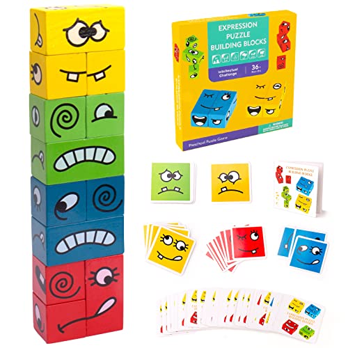 Puzzle de Madera, Splaks Montessori Juguete de Rompecabezas de Expresión para Niños Mayores de 3 Años, Juego de Cubo de Cambio de Cara, Entrenamiento de Pensamiento Juguetes Educativos