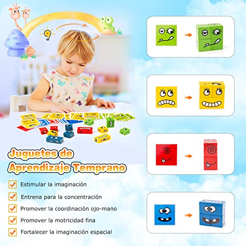 Puzzle de Madera, Splaks Montessori Juguete de Rompecabezas de Expresión para Niños Mayores de 3 Años, Juego de Cubo de Cambio de Cara, Entrenamiento de Pensamiento Juguetes Educativos