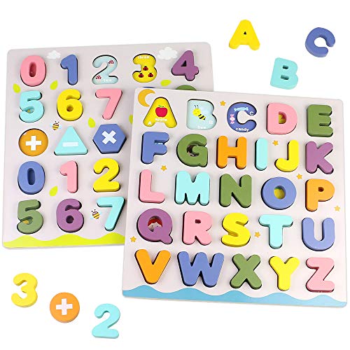 Puzzle Madera Rompecabezas Juguetes Montessori-2 in 1 Puzzles Numeros Alfabeto Infantiles de Madera Habilidad Mmotora Fina Juegos Educativos Niños Niñas 3 4 5 Años