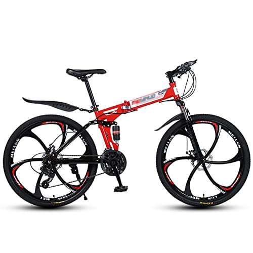 QCLU Bicicleta de montaña Plegable de 26 Pulgadas, Frenos de Disco Hardtail MTB, Trekking Bike Hombres Bike Girls Bike, Rojo, Blanco/Amarillo/Negro, 21 Velocidad (Color : Red)