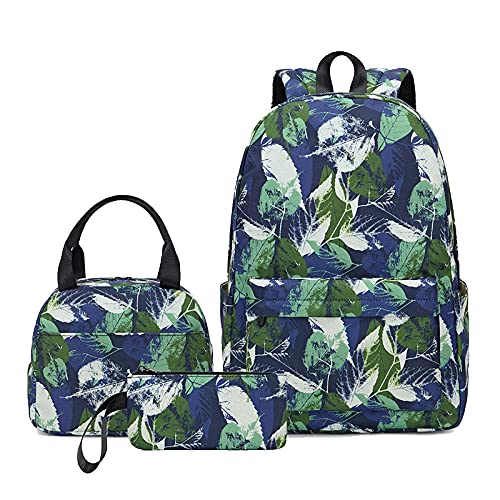 QIANJINGCQ Mochila de tres piezas de moda para hombres y mujeres con estampado de hojas, mochila escolar, bolsa de almuerzo para estudiantes de primaria y secundaria