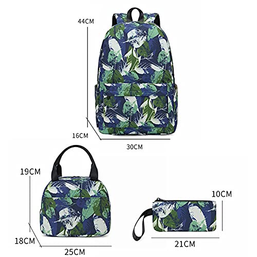 QIANJINGCQ Mochila de tres piezas de moda para hombres y mujeres con estampado de hojas, mochila escolar, bolsa de almuerzo para estudiantes de primaria y secundaria