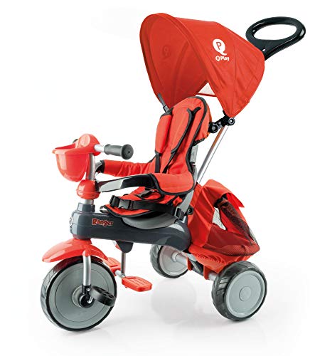 QPLAY Triciclo evolutivo Ranger - Rojo - De 10 a 36 Meses - Acolchado con Bolso y Capota