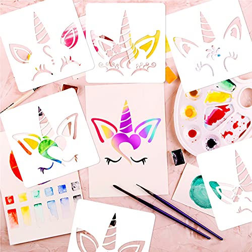 Qpout 9 Plantilla de pintura de unicornio para niños, plantilla de plástico reutilizable para pintura de animales de 7.8 x 7.8 pulgadas,para álbumes de recortes de niños cumpleaños tarjetas decoración