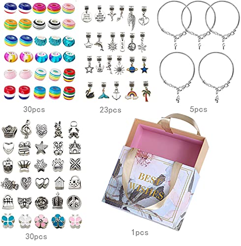 Queta Kit para Hacer Pulseras Niñas, 5pcs Pulseras de Plata , Kit de fabricación de Joyas para niña, Regalo de Año Nuevo Cumpleaños Navidad para Niñas de 5-17 Años, Kits para hacer bisutería (90pcs)