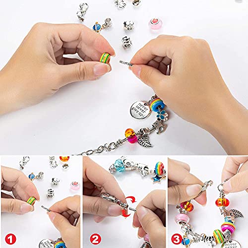 Queta Kit para Hacer Pulseras Niñas, 5pcs Pulseras de Plata , Kit de fabricación de Joyas para niña, Regalo de Año Nuevo Cumpleaños Navidad para Niñas de 5-17 Años, Kits para hacer bisutería (90pcs)