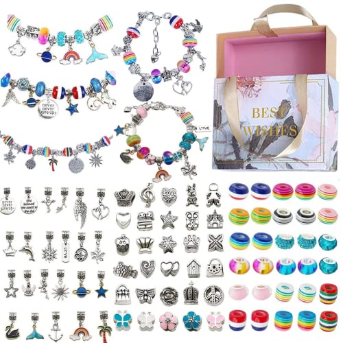 Queta Kit para Hacer Pulseras Niñas, 5pcs Pulseras de Plata , Kit de fabricación de Joyas para niña, Regalo de Año Nuevo Cumpleaños Navidad para Niñas de 5-17 Años, Kits para hacer bisutería (90pcs)