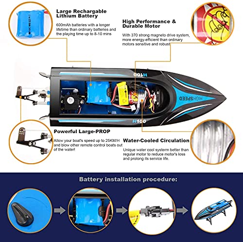 Rabing Barco de control remoto 2.4G, piscina de lago al aire libre de alta velocidad, bote de juguete con radio de 30 km / h para adultos y niños, bote de carreras de control remoto recargable