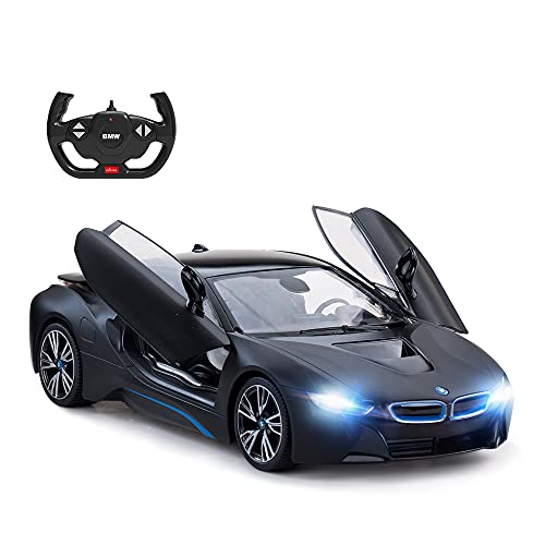 RASTAR BMW i8 modelo de coche, 1:14 BMW coche de control remoto, juguete BMW i8 para niños, puertas abiertas por RC/luces de trabajo - Mattblack