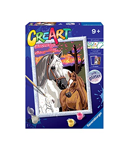 Ravensburger, CreArt, Caballos al Atardecer, Kit de Pintura, Pintar por Números, Juego Creativo para Niños y Niñas, 2 Pinceles y 1 Marco, Edad Recomendada 9+