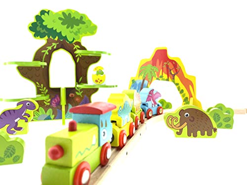 RB&G Ferrocarril de madera para niños, tren con rieles de madera, 40 piezas, diseño de dinosaurios, combinable