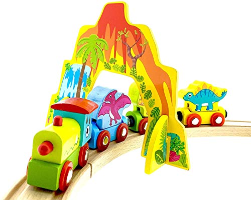 RB&G Ferrocarril de madera para niños, tren con rieles de madera, 40 piezas, diseño de dinosaurios, combinable