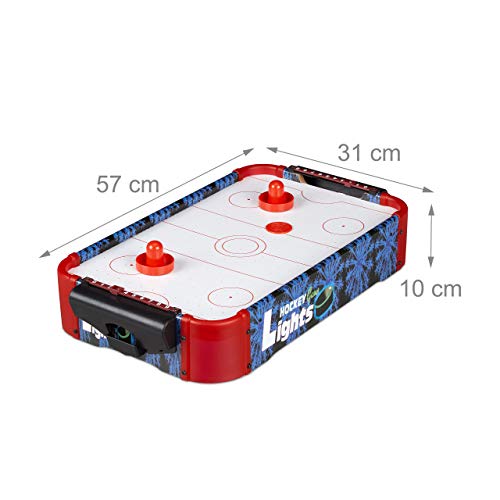 Relaxdays Air Hockey Table, Luz LED, Juego de Mesa, con Ventilador y Mazos, 10 x 31 x 57 cm, DM y Plástico, Multicolor