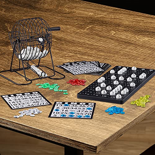 Relaxdays Bingo con Bombo, Juego Mesa, 1 Set, Bolas, Fichas, Tableros, Plástico-Metal-Cartón, Negro, Color (10021014)