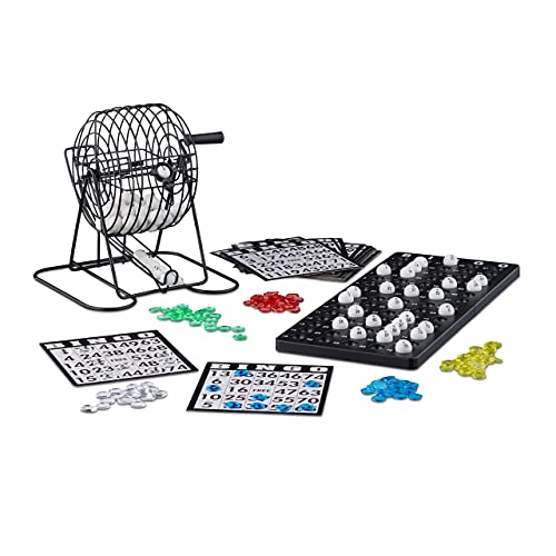 Relaxdays Bingo con Bombo, Juego Mesa, 1 Set, Bolas, Fichas, Tableros, Plástico-Metal-Cartón, Negro, Color (10021014)