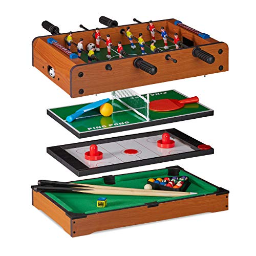 Relaxdays Mesa Multijuegos 4 en 1 Futbolín, Ping Pong, Billar y Hockey, DM, Marrón, 15 x 51 x 51 cm