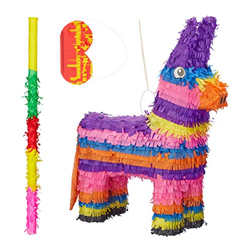 Relaxdays Piñata Infantil Burro Arcoíris XXL con Palo y Antifaz, Papel, Multicolor, 55 x 40 x 13 cm