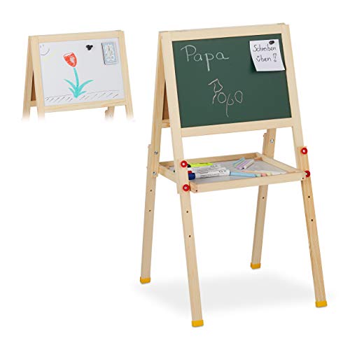 Relaxdays Pizarra Infantil Doble, Magnética y para Tizas, Altura Ajustable, Madera, 77 x 39 x 44,5 cm, Marrón