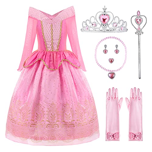 ReliBeauty Vestido del Traje de la Princesa Aurora Ropa Partido Vestuario del La Bella Durmiente Vestido de Tul con la Lentejuela y el Ornamento de Oro niña,2-3 años (100),con Accesorios …