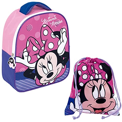 REQUETEGUAY Mochila Minnie Mouse Disney Guarderia para niñas (28 cms) + Bolsa Minnie Mouse con cordones para Merienda