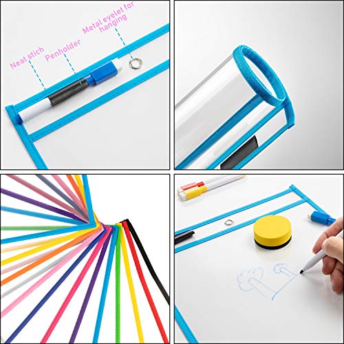 Resuable 12 Piezas Dry Erase Pockets, Jolintek Reutilizables Bolsillos de Borrado en Seco Colores con 12 Rotuladores y 1 Goma de Borrar para la Organización en el Aula y Colegio y Trabajo, 35×25.5cm