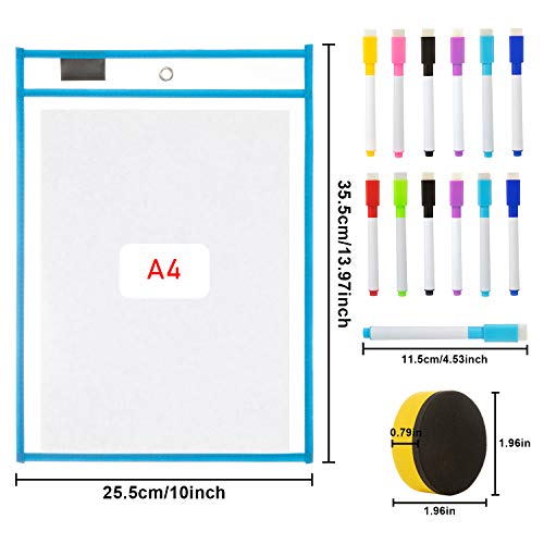 Resuable 12 Piezas Dry Erase Pockets, Jolintek Reutilizables Bolsillos de Borrado en Seco Colores con 12 Rotuladores y 1 Goma de Borrar para la Organización en el Aula y Colegio y Trabajo, 35×25.5cm