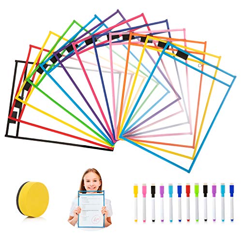 Resuable 12 Piezas Dry Erase Pockets, Jolintek Reutilizables Bolsillos de Borrado en Seco Colores con 12 Rotuladores y 1 Goma de Borrar para la Organización en el Aula y Colegio y Trabajo, 35×25.5cm