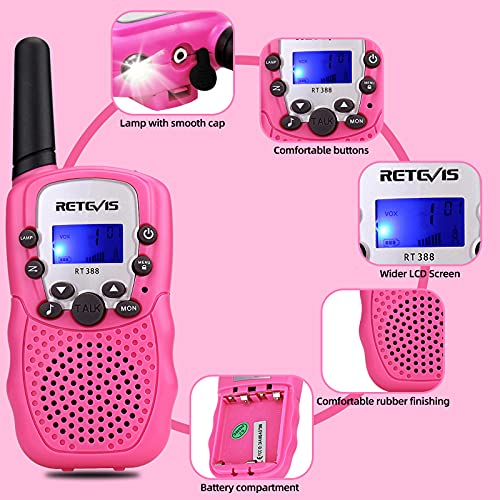 Retevis RT388 Walkie Talkie Niños Niñas,8 Canales LCD Pantalla Función VOX 10 Tonos de llamada Linterna Incorporado Juguete Regalo para cámping Vacaciones actividades escolares (Rosa, 1 Par)