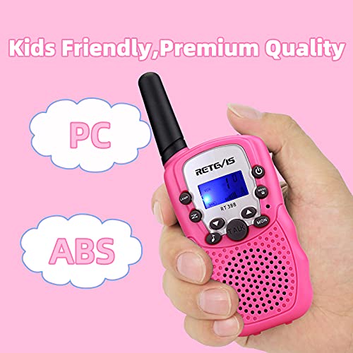 Retevis RT388 Walkie Talkie Niños Niñas,8 Canales LCD Pantalla Función VOX 10 Tonos de llamada Linterna Incorporado Juguete Regalo para cámping Vacaciones actividades escolares (Rosa, 1 Par)