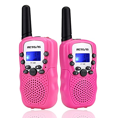 Retevis RT388 Walkie Talkie Niños Niñas,8 Canales LCD Pantalla Función VOX 10 Tonos de llamada Linterna Incorporado Juguete Regalo para cámping Vacaciones actividades escolares (Rosa, 1 Par)