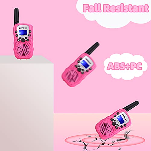 Retevis RT388 Walkie Talkie Niños Niñas,8 Canales LCD Pantalla Función VOX 10 Tonos de llamada Linterna Incorporado Juguete Regalo para cámping Vacaciones actividades escolares (Rosa, 1 Par)