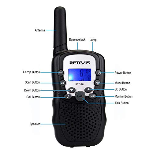 Retevis RT388 Walkie Talkie Niños,8 Canales VOX Linterna 10 Tonos de Llamada, Regalos para Niños, Walkie Talkie para Cámping, Aventuras (Negro, 1 Par)