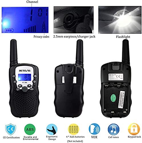 Retevis RT388 Walkie Talkie Niños,8 Canales VOX Linterna 10 Tonos de Llamada, Regalos para Niños, Walkie Talkie para Cámping, Aventuras (Negro, 1 Par)