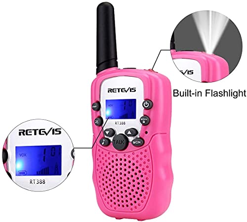 Retevis RT388R Walkie Talkies Niños Recargables con Cargador y Batería, Juguetes para Niñas Largo Alcance, Regalo con Linterna VOX para Aventuras al Aire Libre, Camping, Senderismo (1 Par, Rosa)