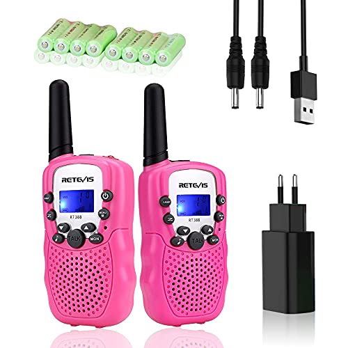 Retevis RT388R Walkie Talkies Niños Recargables con Cargador y Batería, Juguetes para Niñas Largo Alcance, Regalo con Linterna VOX para Aventuras al Aire Libre, Camping, Senderismo (1 Par, Rosa)