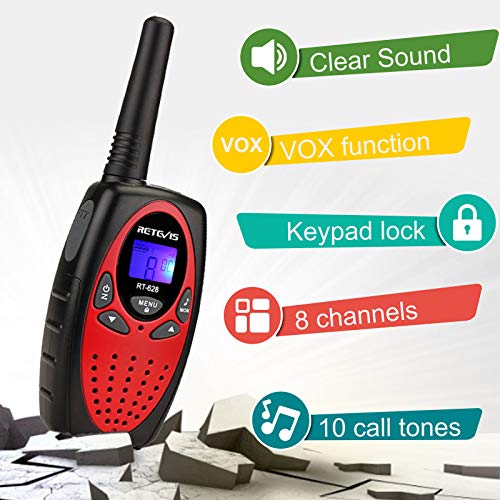 Retevis RT628 Walkie Talkies Niños, Largo Alcance Recargable VOX Bloqueo de Tecla, Regalos para Cumpleaños y Vacaciones, Fácil de Usar para Cámping, Caminar y Aventuras (1 Par, Rojo)