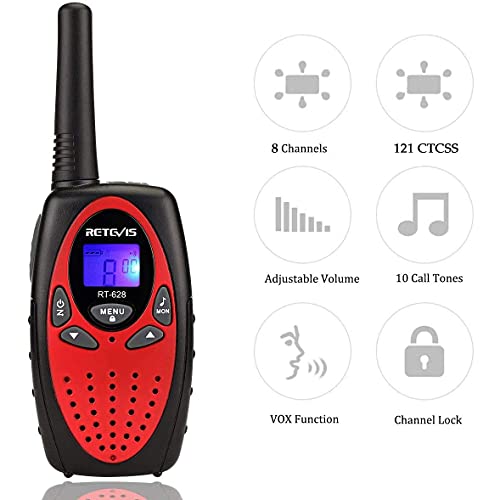 Retevis RT628 Walkie Talkies Niños, Largo Alcance Recargable VOX Bloqueo de Tecla, Regalos para Cumpleaños y Vacaciones, Fácil de Usar para Cámping, Caminar y Aventuras (1 Par, Rojo)