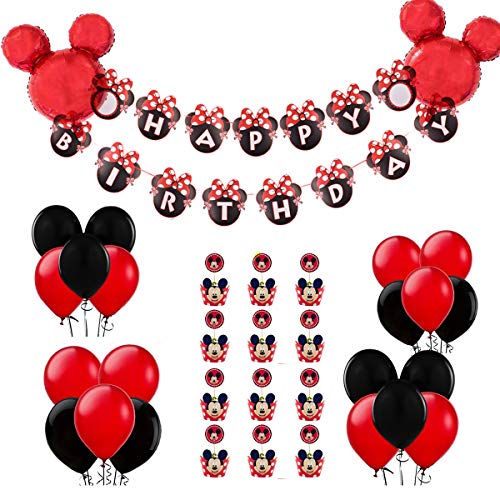 REYOK Decoraciones de cumpleaños de Mickey Mouse, Bolas de Nido de Abeja de Mickey Globo de Red Black, Banner de Happy Birthday, Globos número para la Fiesta temática de Mickey Mouse