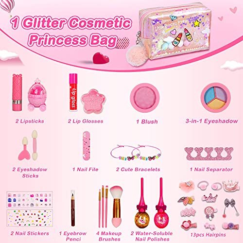 RichSmile 36PCS Juego de Maquillaje para niños para niñas, Kit de Juguete de Maquillaje Lavable con Bolsa de cosméticos con Purpurina