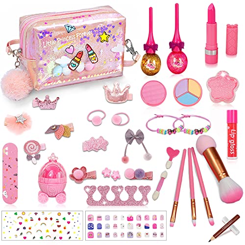 RichSmile 36PCS Juego de Maquillaje para niños para niñas, Kit de Juguete de Maquillaje Lavable con Bolsa de cosméticos con Purpurina