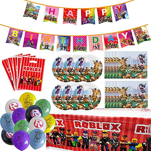 Ro-blox Suministros para fiestas Decoraciones Favores de fiesta de cumpleaños Incluidos Banner Ro-blox, Globos, Mantel, Bolsas de regalo y servilletas, Paquete de suministros para 10 invitados