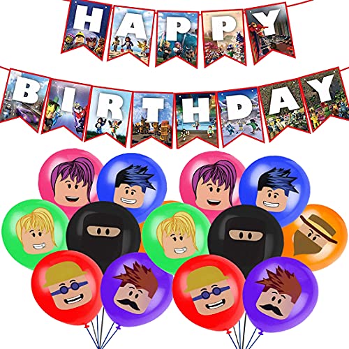 Roblox - Decoración de cumpleaños, suministros para fiestas, decoración de cumpleaños del Roblox Banner de feliz cumpleaños globos decoración para fiestas