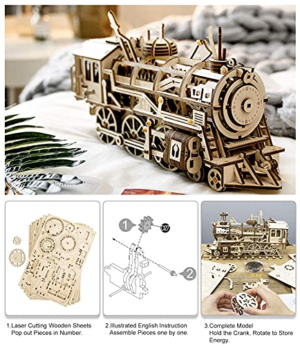 Robotime Rompecabezas de Madera 3D Cortado con láser - Kits de Modelo autopropulsados - Juego de construcción mecánica - Rompecabezas para niños, Adolescentes y Adultos (Locomotive)