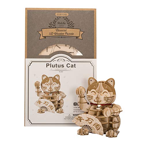 Rolife Woodcraft Kits de construcción Plutus Cat 3D Lucky Puzzle modelo para adolescentes adultos regalo de cumpleaños