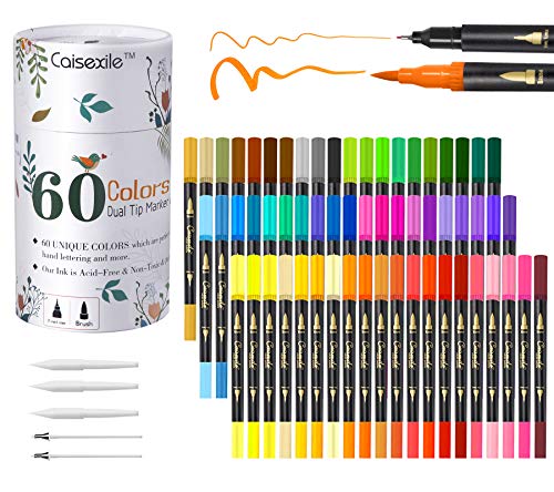 Rotuladores de pincel de doble punta, 60 rotuladores de punta de color, juego de rotuladores de arte, 120 puntas finas y punta de pincel para niños, adultos, libro para colorear