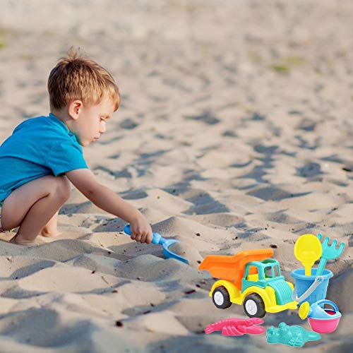 RUSTOO Juego de Juguetes de Arena de Playa para niños pequeños, 7 Piezas, rastrillos de Pala de Cubo de Material Suave, moldes de regadera y camión para arenero